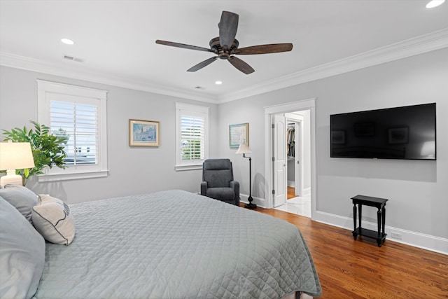 3739 Goodwater St, Mount Pleasant, SC 29466 - bedroom with recessed lighting, wood finished floors, ornamental molding, baseboards, and ceiling fan