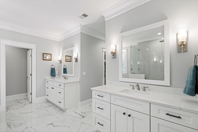 3739 Goodwater St, Mount Pleasant, SC 29466 - bathroom featuring two vanities, marble finish flooring, a tile shower, baseboards, and crown molding