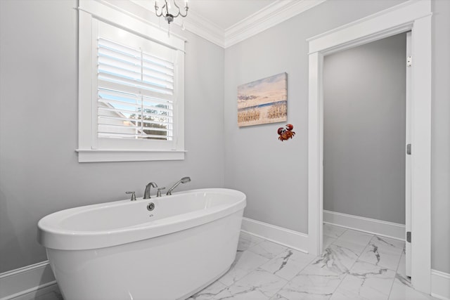 3739 Goodwater St, Mount Pleasant, SC 29466 - full bathroom with a soaking tub, marble look tiles, ornamental molding, and baseboards