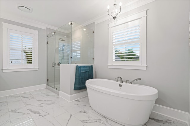 3739 Goodwater St, Mount Pleasant, SC 29466 - bathroom featuring marble look tile flooring, healthy amount of natural light, a freestanding bath, a stall shower, and crown molding