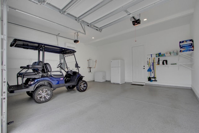 garage featuring a garage door opener and white fridge