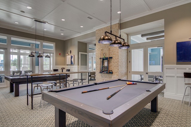 game room with ornamental molding, light colored carpet, a high ceiling, and pool table