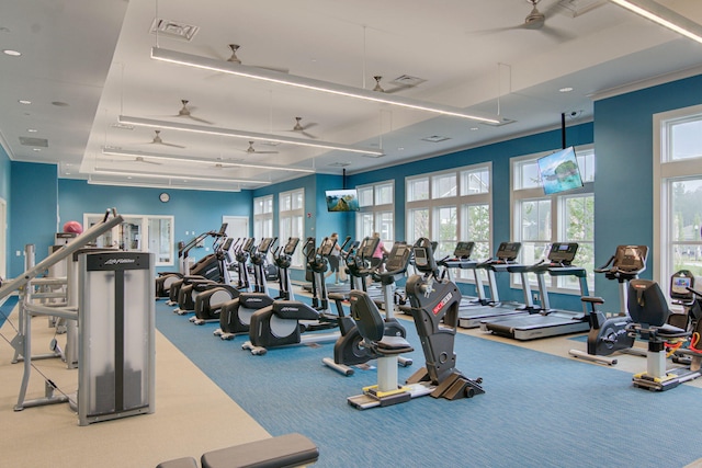 gym with ceiling fan, plenty of natural light, and carpet floors