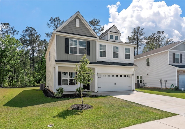 view of front of home featuring board and batten siding, a garage, central AC, a front lawn, and concrete driveway