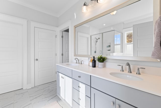 bathroom featuring vanity, an enclosed shower, and crown molding