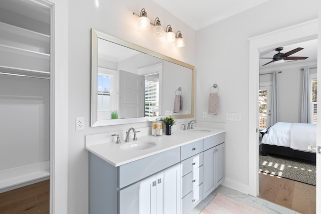 bathroom featuring ceiling fan, vanity, and hardwood / wood-style flooring