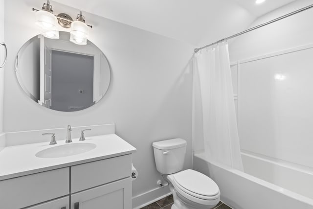 full bathroom featuring tile patterned flooring, shower / bath combination with curtain, toilet, and vanity