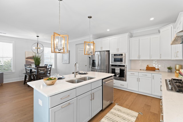 kitchen featuring white cabinets, a center island with sink, sink, appliances with stainless steel finishes, and plenty of natural light