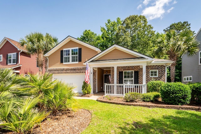 view of front of property with a porch, brick siding, an attached garage, a front yard, and concrete driveway