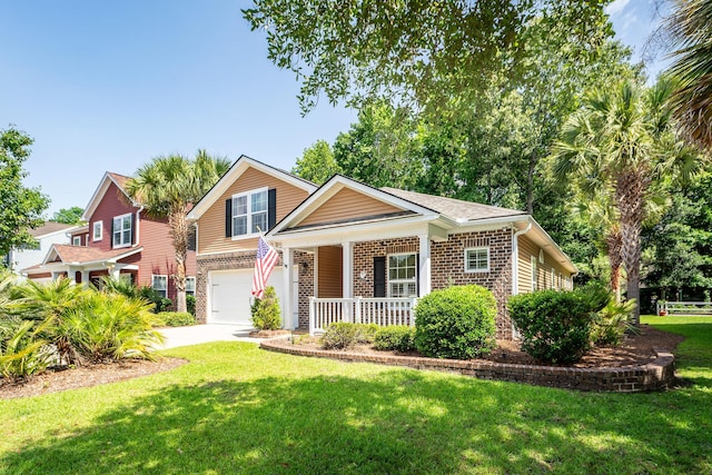 view of front of home with a porch, a garage, driveway, brick siding, and a front lawn