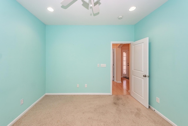 unfurnished bedroom with carpet floors, baseboards, a ceiling fan, and recessed lighting