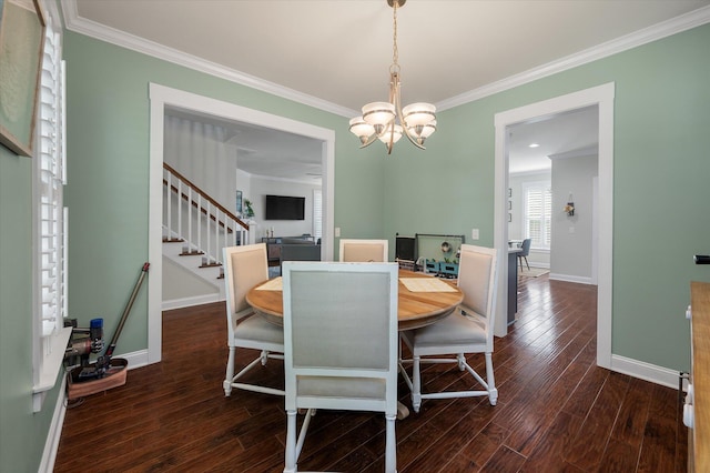 2627 Rutherford Way, Charleston, SC 29414 - dining area featuring crown molding, a chandelier, stairs, wood finished floors, and baseboards
