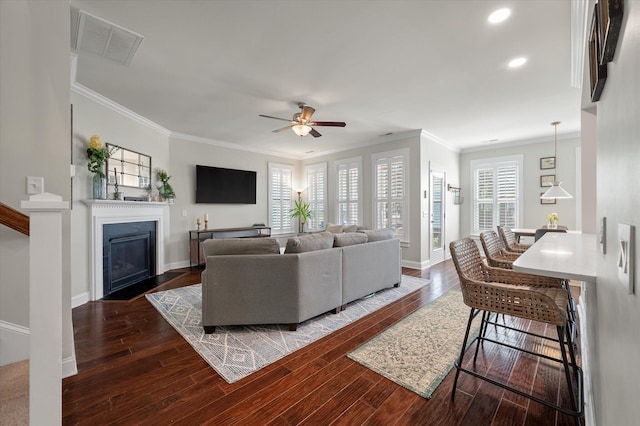 2627 Rutherford Way, Charleston, SC 29414 - living area featuring a ceiling fan, crown molding, wood finished floors, recessed lighting, and baseboards