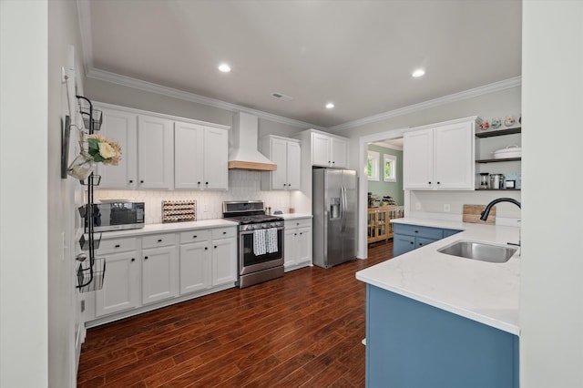 2627 Rutherford Way, Charleston, SC 29414 - kitchen featuring stainless steel appliances, a sink, custom exhaust hood, open shelves, and dark wood finished floors