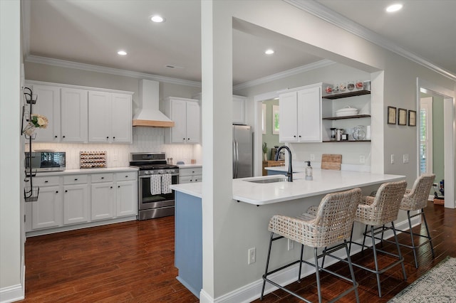 2627 Rutherford Way, Charleston, SC 29414 - kitchen featuring stainless steel appliances, a sink, custom range hood, a peninsula, and dark wood finished floors