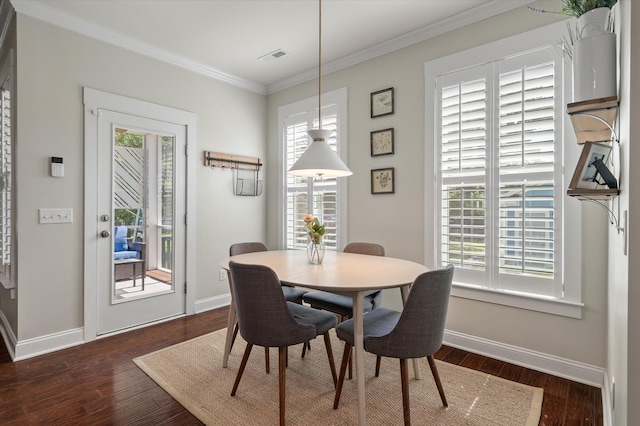 2627 Rutherford Way, Charleston, SC 29414 - dining room with plenty of natural light, crown molding, dark wood-style floors, and baseboards