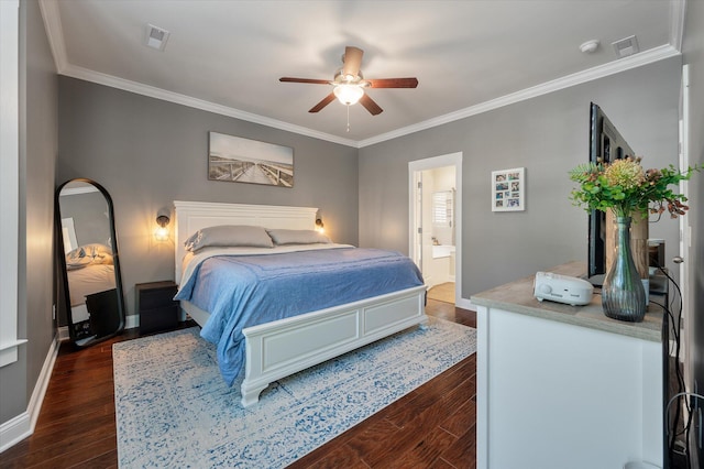 2627 Rutherford Way, Charleston, SC 29414 - bedroom featuring dark wood finished floors, ornamental molding, baseboards, connected bathroom, and a ceiling fan