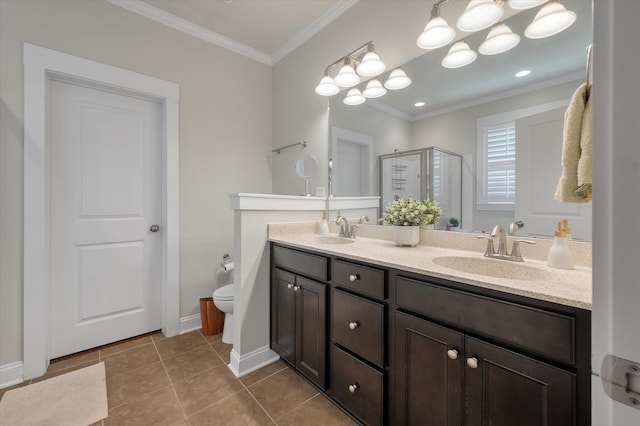 2627 Rutherford Way, Charleston, SC 29414 - full bathroom with a stall shower, double vanity, ornamental molding, tile patterned flooring, and toilet