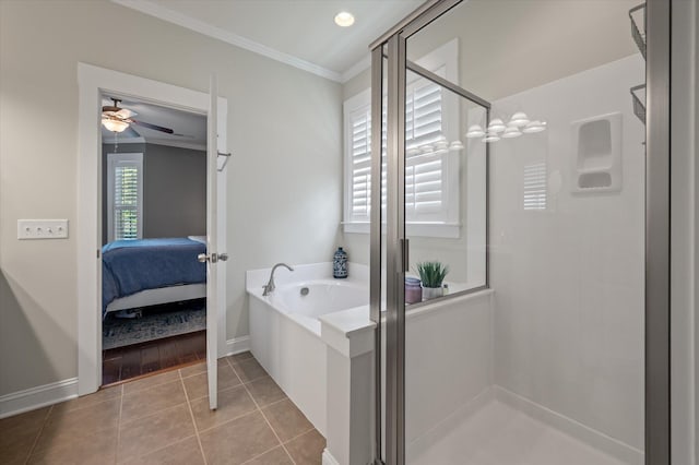 2627 Rutherford Way, Charleston, SC 29414 - ensuite bathroom with ornamental molding, a bath, ceiling fan, baseboards, and tile patterned flooring