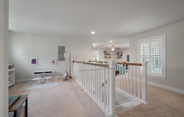 2627 Rutherford Way, Charleston, SC 29414 - hallway with an upstairs landing, electric panel, carpet floors, baseboards, and recessed lighting