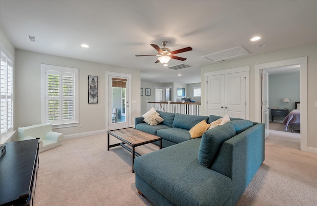 2627 Rutherford Way, Charleston, SC 29414 - living area with light colored carpet, healthy amount of natural light, ceiling fan, baseboards, and recessed lighting
