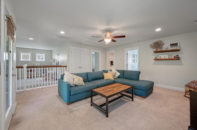 2627 Rutherford Way, Charleston, SC 29414 - living area with ceiling fan, light colored carpet, baseboards, and recessed lighting