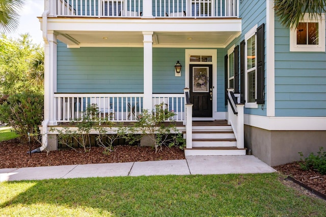 2627 Rutherford Way, Charleston, SC 29414 - doorway to property with covered porch, a balcony, and a yard