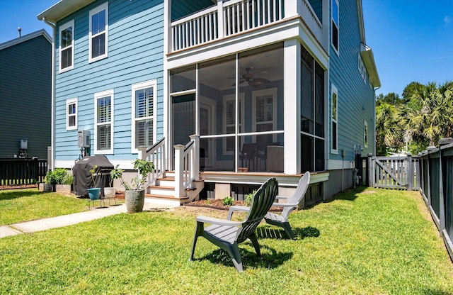2627 Rutherford Way, Charleston, SC 29414 - rear view of house featuring a balcony, a sunroom, a gate, and ceiling fan