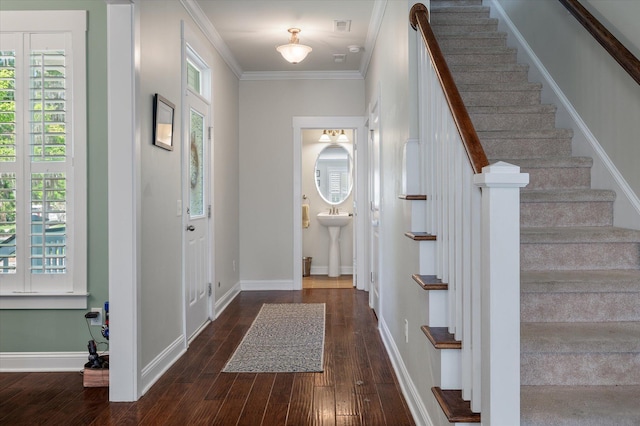 2627 Rutherford Way, Charleston, SC 29414 - entryway featuring wood finished floors, stairs, ornamental molding, and baseboards