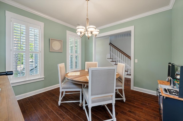 2627 Rutherford Way, Charleston, SC 29414 - dining area featuring a chandelier, crown molding, baseboards, dark wood-style floors, and stairs