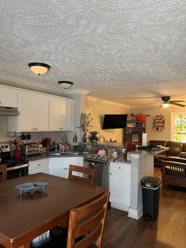 kitchen with stainless steel appliances, ceiling fan, crown molding, sink, and white cabinetry