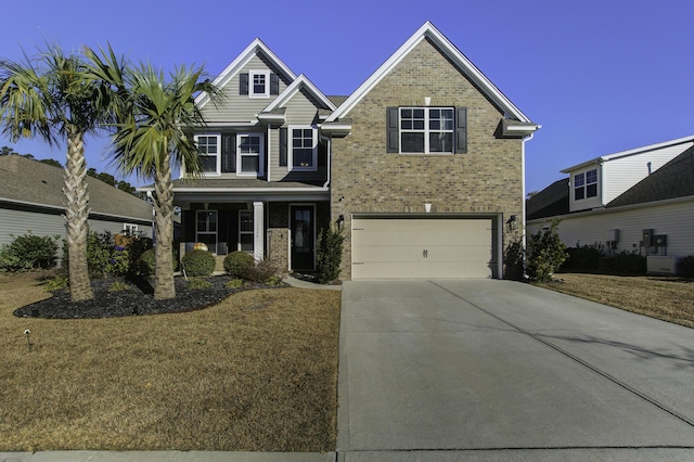 craftsman-style house with central AC, a garage, and a front lawn