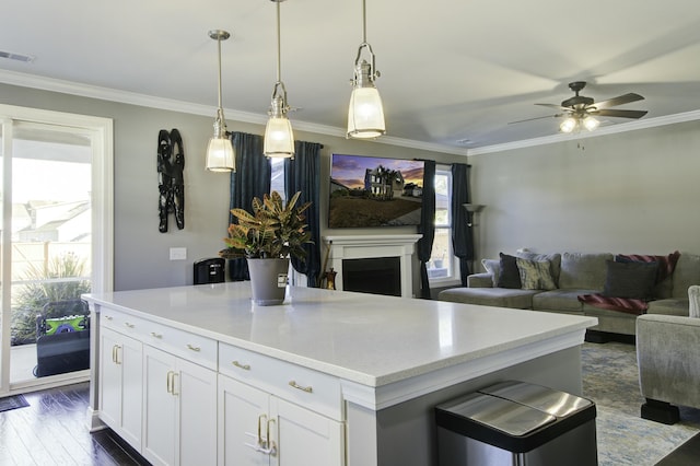 kitchen with crown molding, ceiling fan, dark hardwood / wood-style floors, decorative light fixtures, and white cabinetry