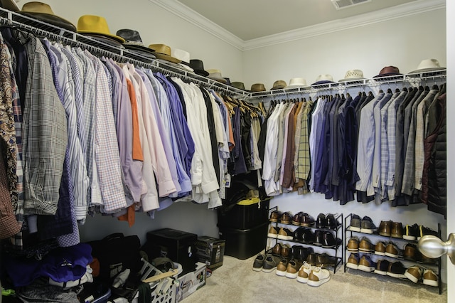 walk in closet featuring carpet flooring