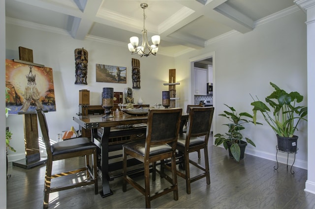 dining space featuring dark wood-type flooring, coffered ceiling, ornamental molding, a notable chandelier, and beam ceiling