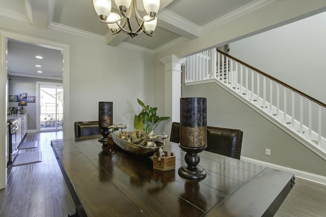 dining area featuring beam ceiling, an inviting chandelier, wood-type flooring, and ornamental molding