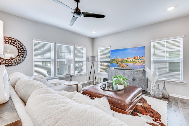 living room with hardwood / wood-style floors and ceiling fan