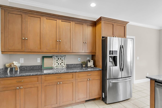 591 Two Mile Run, Johns Island, SC 29455 - kitchen with stainless steel appliances, brown cabinetry, ornamental molding, and recessed lighting