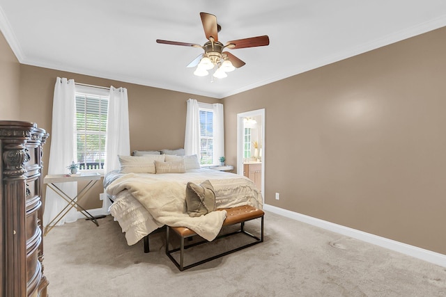 591 Two Mile Run, Johns Island, SC 29455 - bedroom featuring crown molding, light carpet, ceiling fan, and connected bathroom