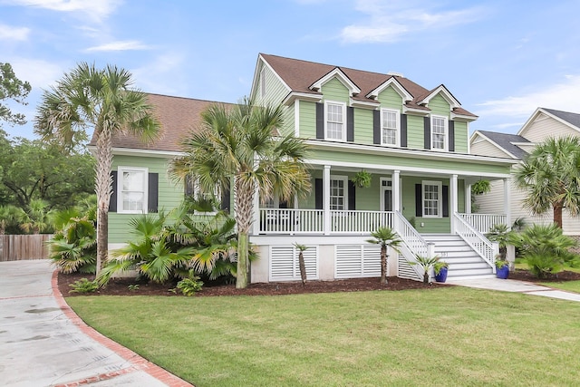 591 Two Mile Run, Johns Island, SC 29455 - raised beach house featuring covered porch, a front yard, and stairway