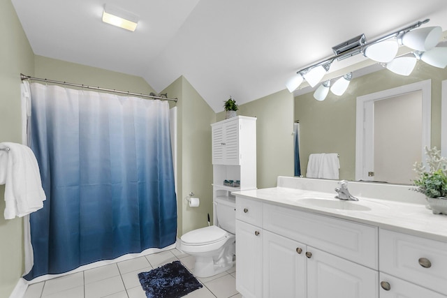 591 Two Mile Run, Johns Island, SC 29455 - bathroom with vanity, tile patterned flooring, lofted ceiling, and a shower with shower curtain