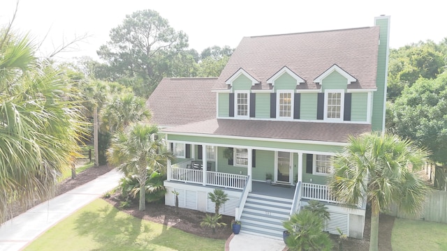 591 Two Mile Run, Johns Island, SC 29455 - coastal inspired home with a shingled roof, a porch, a front yard, stairway, and a chimney
