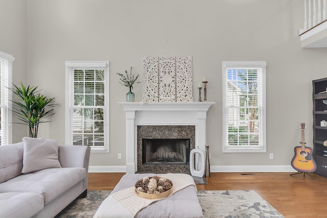 591 Two Mile Run, Johns Island, SC 29455 - living area with a towering ceiling, wood finished floors, and a high end fireplace