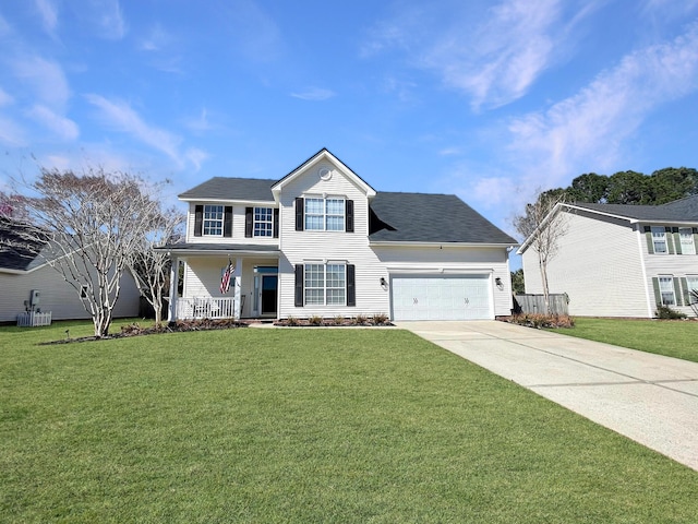 view of front facade with a garage, a porch, concrete driveway, and a front lawn