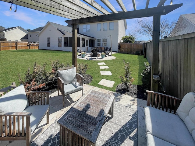 view of patio with an outdoor living space, a fenced backyard, and a pergola