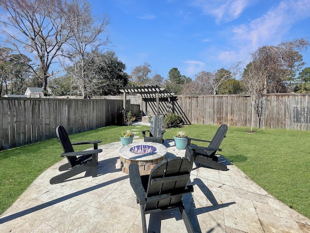 view of patio / terrace featuring an outdoor fire pit, a fenced backyard, and a pergola