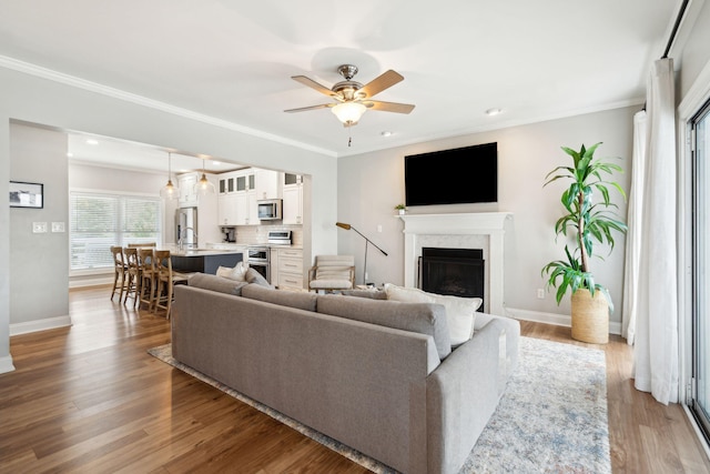 living area with baseboards, a ceiling fan, a premium fireplace, wood finished floors, and crown molding