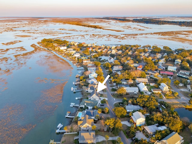 aerial view featuring a water view and a residential view