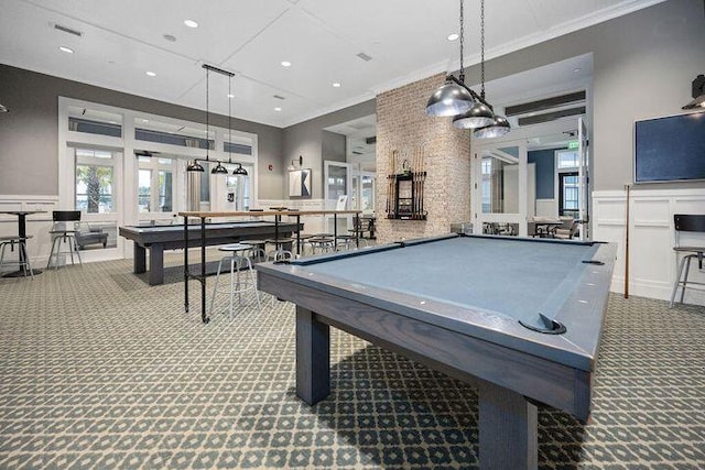 rec room featuring pool table, french doors, crown molding, and carpet flooring