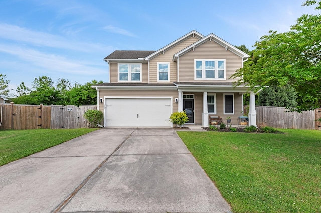 view of front facade with a porch, concrete driveway, a gate, and a garage